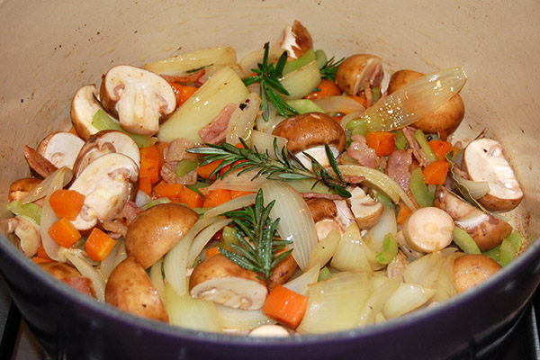 The casserole prior to adding the chicken and wine